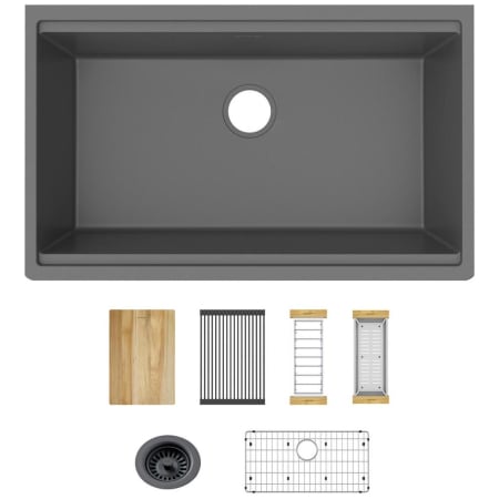 Elkay Quartz Classic 33" Undermount Single Basin Quartz Composite Workstation Kitchen Sink with Basin Rack, Basket Strainer, Colander, Drying Racks, and Cutting Board Graphite