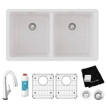 Elkay Quartz Classic 33" Undermount Double Basin Quartz Kitchen Sink with Deck Mount 1.5 GPM Kitchen Faucet White