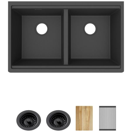 Elkay Quartz Classic 33" Undermount Double Basin Quartz Composite Kitchen Sink with Basket Strainers, Roll Up Drying Rack, and Cutting Board Matte Black