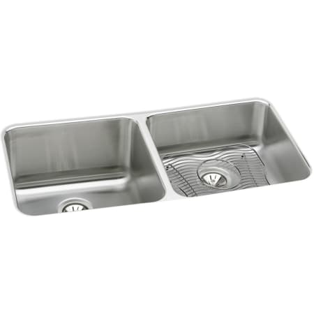 Elkay Gourmet Lustertone Stainless Steel 30-3/4" x 18-1/2" Double Basin Undermount Kitchen Sink with Left Primary Bowl, 10" Depth, Rounded Basin Corners, Bottom Grid, and Drain Stainless Steel
