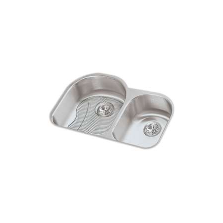Elkay Harmony Lustertone Stainless Steel 31-1/4" x 20" Double Basin Undermount Kitchen Sink with Left Primary Bowl, 7-1/2" Depth, Rounded Edges, Bottom Grid, and Drain Fitting Stainless Steel