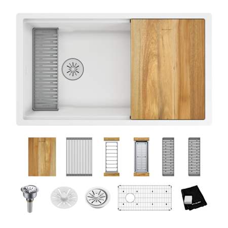 Elkay Quartz Luxe 33" Undermount Single Basin Quartz Composite Workstation Kitchen Sink with Basin Rack, Colander and Cutting Board Arctic Fox
