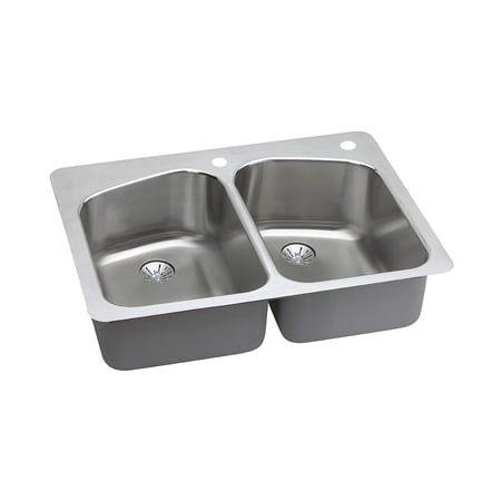 Elkay Lustertone 33" Drop In Double Basin Stainless Steel Kitchen Sink with Basket Strainer 2 Faucet Holes Center Right