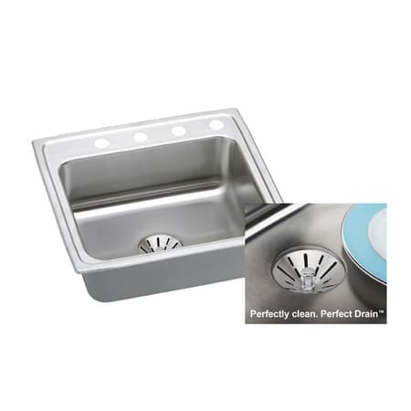 Elkay Gourmet 25" Single Basin 18-Gauge Stainless Steel Kitchen Sink for Drop In Installations with SoundGuard Technology - Perfect Drain Assembly Included 1 Faucet Hole