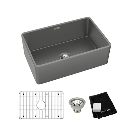 Elkay Fireclay 30" Farmhouse Single Basin Fireclay Kitchen Sink with Basin Rack and Basket Strainer Matte Gray