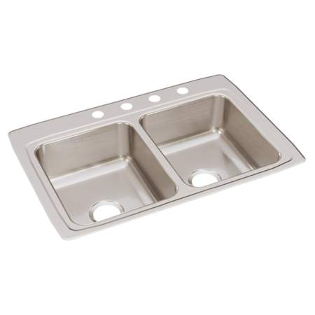 Elkay Gourmet Lustertone 33" Drop In Double Basin Stainless Steel Kitchen Sink with 4 Pre-Drilled Faucet Holes and Quick-Clip Mounting System Stainless Steel