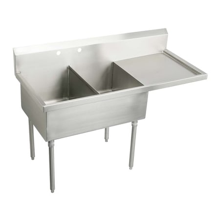 Elkay Weldbilt Stainless Steel 55-1/2" Floor Mount Double Bowl Food Service Scullery Sink with Right Side Drain Board and Two Faucet Holes Stainless Steel