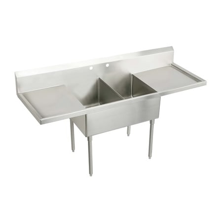Elkay Weldbilt Stainless Steel 96" Floor Mount Double Bowl Food Service Scullery Sink with Left and Right Drain Board and Four Faucet Holes Stainless Steel