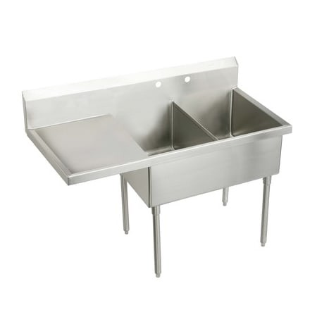 Elkay Weldbilt Stainless Steel 85-1/2" Floor Mount Double Bowl Food Service Scullery Sink with Left Side Drain Board and Two Faucet Holes Stainless Steel
