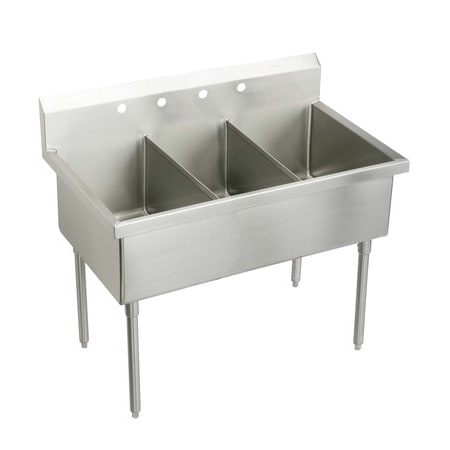 Elkay Weldbilt Stainless Steel 48" Floor Mount Triple Bowl Food Service Scullery Sink with Two Faucet Holes Stainless Steel