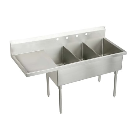 Elkay Weldbilt Stainless Steel 70-1/2" Floor Mount Triple Bowl Food Service Scullery Sink with Left Side Drain Board and Two Faucet Holes Stainless Steel