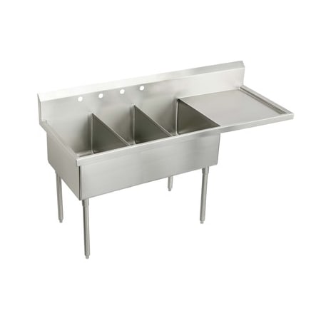 Elkay Weldbilt Stainless Steel 70-1/2" Floor Mount Triple Bowl Food Service Scullery Sink Right Side Drain Board and Two Faucet Holes Stainless Steel