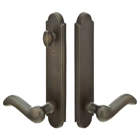 Emtek Sandcast Bronze Door Configuration 7 Thumbturn Multi Point Arched Trim Lever Set with American Cylinder Above Handle Medium Bronze