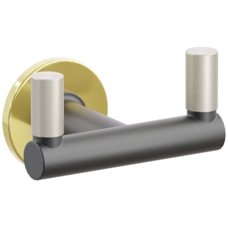 Emtek SELECT Double Robe Hook with Unlacquered Brass Small Disc Rose, Satin Nickel Knurled Tips, and Choice of Round Stem Finish Unlacquered Brass Rosette / Flat Black Stem / Satin Nickel Tip