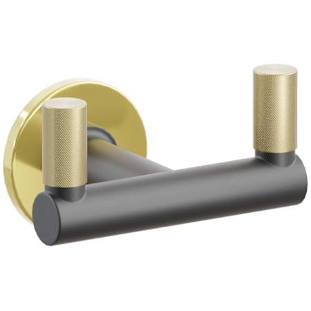 Emtek SELECT Double Robe Hook with Unlacquered Brass Small Disc Rose, Satin Brass Knurled Tips, and Choice of Round Stem Finish Unlacquered Brass Rosette / Flat Black Stem / Satin Brass Tip