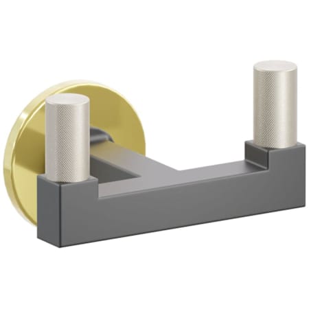 Emtek SELECT Double Robe Hook with Unlacquered Brass Small Disc Rose, Satin Nickel Knurled Tips, and Choice of Square Stem Finish Unlacquered Brass Rosette / Flat Black Stem / Satin Nickel Tip