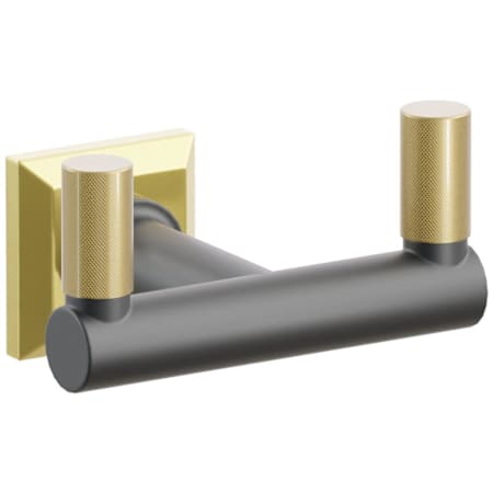 Emtek SELECT Double Robe Hook with Unlacquered Brass Chamfered Square Rose, French Antique Knurled Tips, and Choice of Round Stem Finish Unlacquered Brass Rosette / Flat Black Stem / French Antique Tip