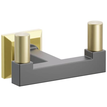 Emtek SELECT Double Robe Hook with Unlacquered Brass Chamfered Square Rose, Satin Brass Smooth Tips, and Choice of Square Stem Finish Unlacquered Brass Rosette / Flat Black Stem / Satin Brass Tip