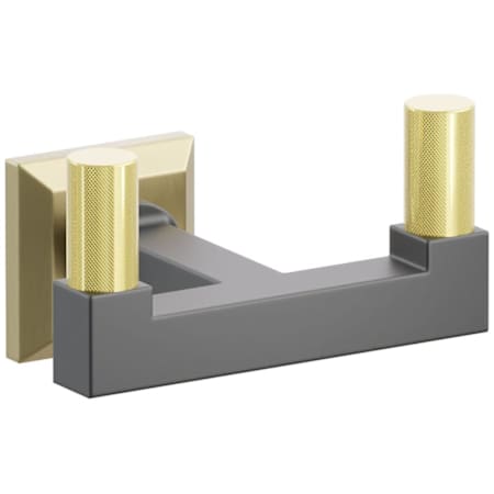 Emtek SELECT Double Robe Hook with Satin Brass Chamfered Square Rose, Unlacquered Brass Knurled Tips, and Choice of Square Stem Finish Satin Brass Rosette / Flat Black Stem / Unlacquered Brass Tip