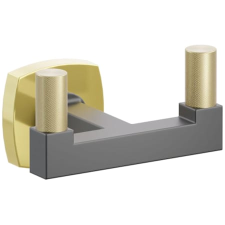 Emtek SELECT Double Robe Hook with Unlacquered Brass Soft Square Rose, Satin Brass Knurled Tips, and Choice of Square Stem Finish Unlacquered Brass Rosette / Flat Black Stem / Satin Brass Tip