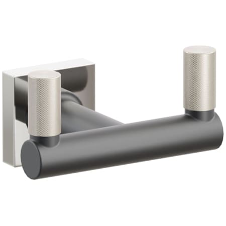 Emtek SELECT Double Robe Hook with Polished Nickel Small Square Rose, Satin Nickel Knurled Tips, and Choice of Round Stem Finish Polished Nickel Rosette / Flat Black Stem / Satin Nickel Tip