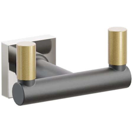 Emtek SELECT Double Robe Hook with Polished Nickel Small Square Rose, French Antique Knurled Tips, and Choice of Round Stem Finish Polished Nickel Rosette / Flat Black Stem / French Antique Tip