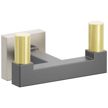 Emtek SELECT Double Robe Hook with Satin Nickel Small Square Rose, Unlacquered Brass Knurled Tips, and Choice of Square Stem Finish Satin Nickel Rosette / Flat Black Stem / Unlacquered Brass Tip