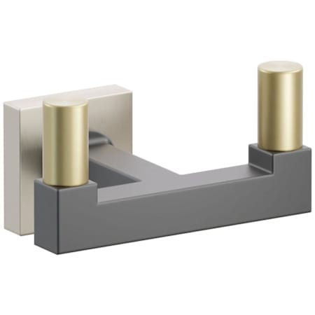 Emtek SELECT Double Robe Hook with Satin Nickel Small Square Rose, Satin Brass Smooth Tips, and Choice of Square Stem Finish Satin Nickel Rosette / Flat Black Stem / Satin Brass Tip