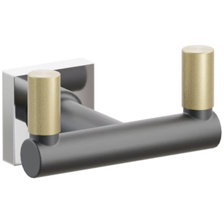 Emtek SELECT Double Robe Hook with Polished Chrome Small Square Rose, Satin Brass Knurled Tips, and Choice of Round Stem Finish Polished Chrome Rosette / Flat Black Stem / Satin Brass Tip
