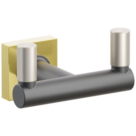 Emtek SELECT Double Robe Hook with Unlacquered Brass Small Square Rose, Satin Nickel Smooth Tips, and Choice of Round Stem Finish Unlacquered Brass Rosette / Flat Black Stem / Satin Nickel Tip