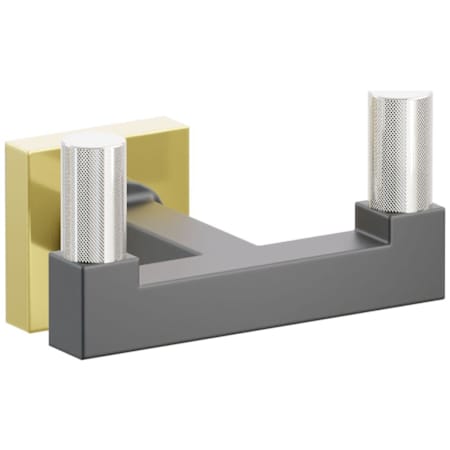 Emtek SELECT Double Robe Hook with Unlacquered Brass Small Square Rose, Polished Nickel Knurled Tips, and Choice of Square Stem Finish Unlacquered Brass Rosette / Flat Black Stem / Polished Nickel Tip
