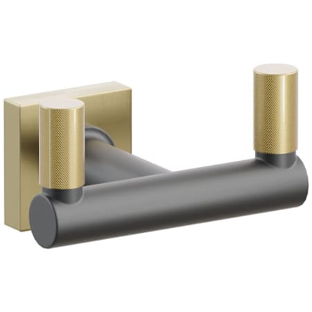 Emtek SELECT Double Robe Hook with Satin Brass Small Square Rose, French Antique Knurled Tips, and Choice of Round Stem Finish Satin Brass Rosette / Flat Black Stem / French Antique Tip