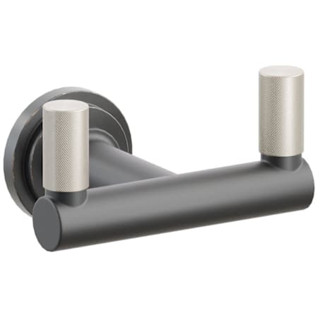 Emtek SELECT Double Robe Hook with Oil Rubbed Bronze Step Disc Rose, Satin Nickel Knurled Tips, and Choice of Round Stem Finish Oil Rubbed Bronze Rosette / Flat Black Stem / Satin Nickel Tip