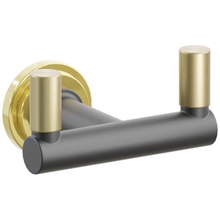 Emtek SELECT Double Robe Hook with Unlacquered Brass Step Disc Rose, Satin Brass Smooth Tips, and Choice of Round Stem Finish Unlacquered Brass Rosette / Flat Black Stem / Satin Brass Tip