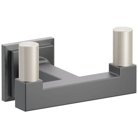 Emtek SELECT Double Robe Hook with Oil Rubbed Bronze Step Square Rose, Satin Nickel Knurled Tips, and Choice of Square Stem Finish Oil Rubbed Bronze Rosette / Flat Black Stem / Satin Nickel Tip