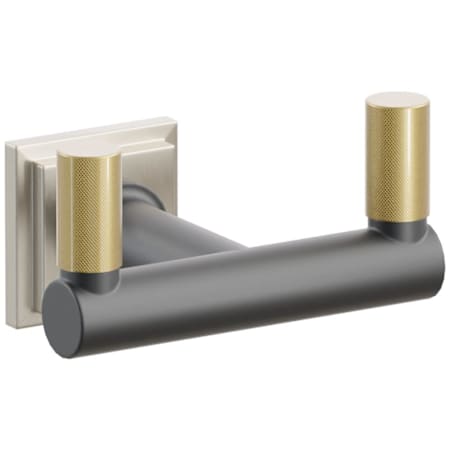 Emtek SELECT Double Robe Hook with Satin Nickel Step Square Rose, French Antique Knurled Tips, and Choice of Round Stem Finish Satin Nickel Rosette / Flat Black Stem / French Antique Tip