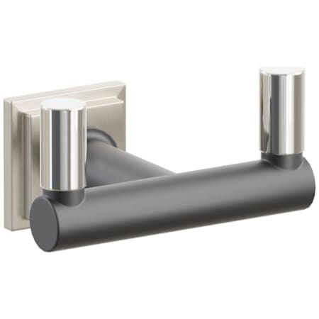 Emtek SELECT Double Robe Hook with Satin Nickel Step Square Rose, Polished Nickel Smooth Tips, and Choice of Round Stem Finish Satin Nickel Rosette / Flat Black Stem / Polished Nickel Tip