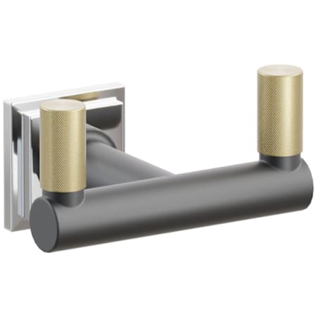 Emtek SELECT Double Robe Hook with Polished Chrome Step Square Rose, Satin Brass Knurled Tips, and Choice of Round Stem Finish Polished Chrome Rosette / Flat Black Stem / Satin Brass Tip
