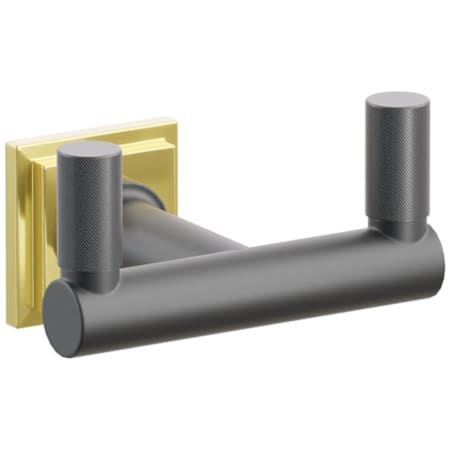Emtek SELECT Double Robe Hook with Unlacquered Brass Step Square Rose, Oil Rubbed Bronze Knurled Tips, and Choice of Round Stem Finish Unlacquered Brass Rosette / Flat Black Stem / Oil Rubbed Bronze Tip