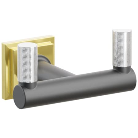 Emtek SELECT Double Robe Hook with Unlacquered Brass Step Square Rose, Polished Chrome Knurled Tips, and Choice of Round Stem Finish Unlacquered Brass Rosette / Flat Black Stem / Polished Chrome Tip