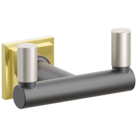Emtek SELECT Double Robe Hook with Unlacquered Brass Step Square Rose, Satin Nickel Smooth Tips, and Choice of Round Stem Finish Unlacquered Brass Rosette / Flat Black Stem / Satin Nickel Tip