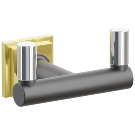 Emtek SELECT Double Robe Hook with Unlacquered Brass Step Square Rose, Polished Chrome Smooth Tips, and Choice of Round Stem Finish Unlacquered Brass Rosette / Flat Black Stem / Polished Chrome Tip