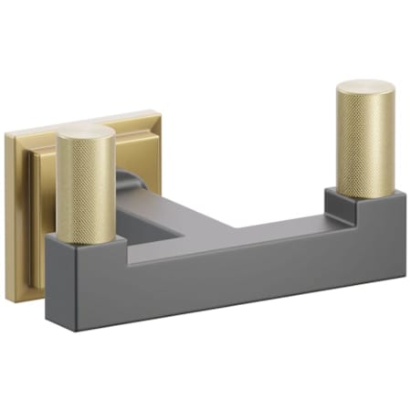 Emtek SELECT Double Robe Hook with French Antique Step Square Rose, Satin Brass Knurled Tips, and Choice of Square Stem Finish French Antique Rosette / Flat Black Stem / Satin Brass Tip