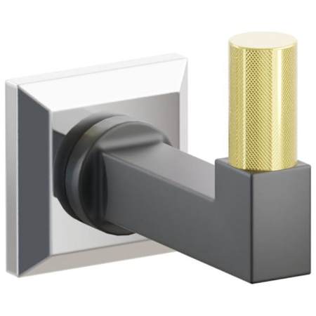 Emtek SELECT Single Robe Hook with Polished Chrome Chamfered Square Rose, Unlacquered Brass Knurled Tip, and Choice of Square Stem Finish Polished Chrome Rosette / Flat Black Stem / Unlacquered Brass Tip
