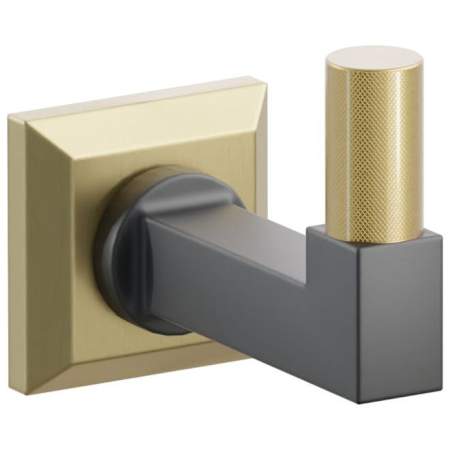 Emtek SELECT Single Robe Hook with Satin Brass Chamfered Square Rose, French Antique Knurled Tip, and Choice of Square Stem Finish Satin Brass Rosette / Flat Black Stem / French Antique Tip