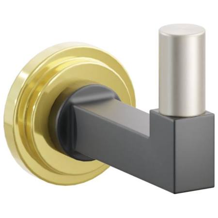 Emtek SELECT Single Robe Hook with Unlacquered Brass Step Disc Rose, Satin Nickel Smooth Tip, and Choice of Square Stem Finish Unlacquered Brass Rosette / Flat Black Stem / Satin Nickel Tip