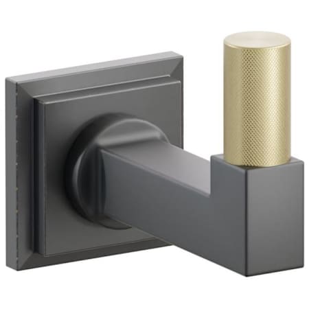Emtek SELECT Single Robe Hook with Oil Rubbed Bronze Step Square Rose, Satin Brass Knurled Tip, and Choice of Square Stem Finish Oil Rubbed Bronze Rosette / Flat Black Stem / Satin Brass Tip