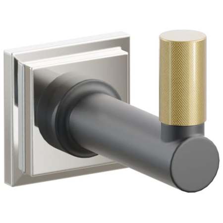 Emtek SELECT Single Robe Hook with Polished Nickel Step Square Rose, French Antique Knurled Tip, and Choice of Round Stem Finish Polished Nickel Rosette / Flat Black Stem / French Antique Tip
