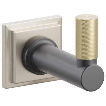 Emtek SELECT Single Robe Hook with Satin Nickel Step Square Rose, Satin Brass Knurled Tip, and Choice of Round Stem Finish Satin Nickel Rosette / Flat Black Stem / Satin Brass Tip