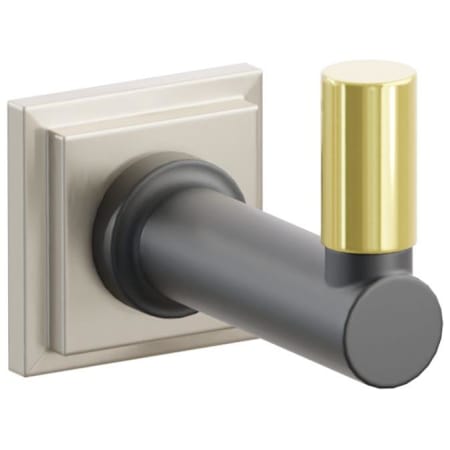 Emtek SELECT Single Robe Hook with Satin Nickel Step Square Rose, Unlacquered Brass Smooth Tip, and Choice of Round Stem Finish Satin Nickel Rosette / Flat Black Stem / Unlacquered Brass Tip